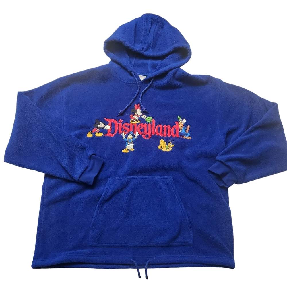 Disneyland Blue Fleece Hooded Pullover Sweater Mickey Minnie Pluto Donald